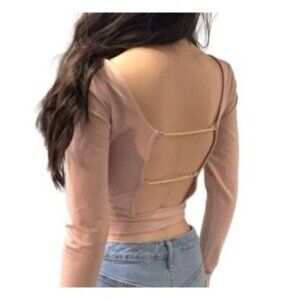 Y2K Long Sleeve Open Back Top with Gold Chain Detail Size XS Dusty Rose Sexy